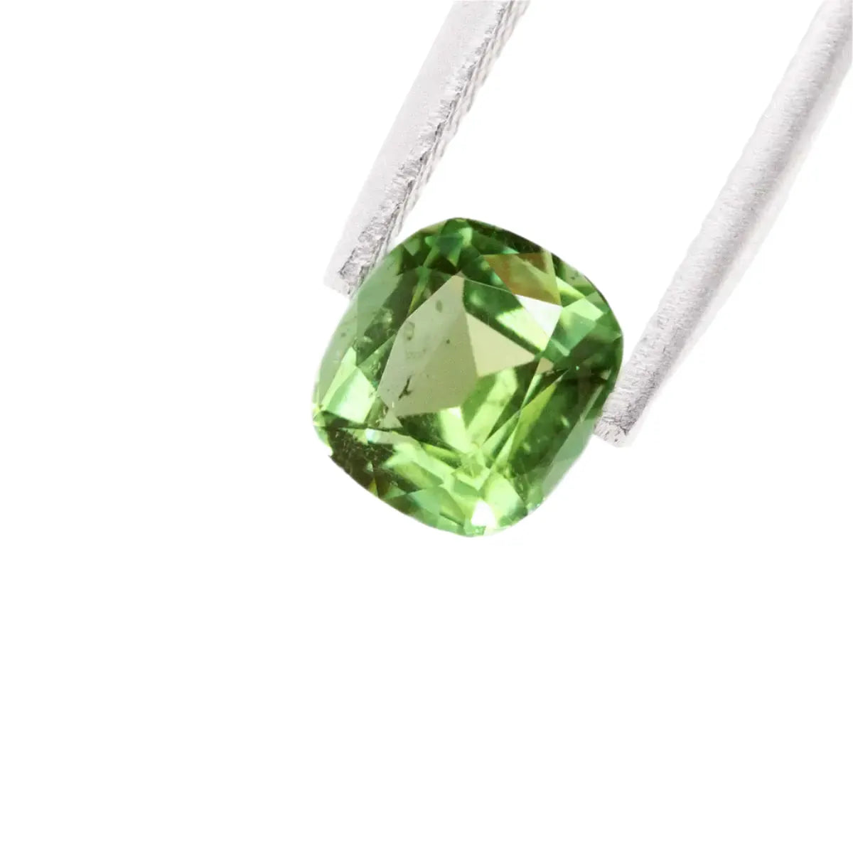 Cushion Shape Natural Green Tourmaline held by tweezers