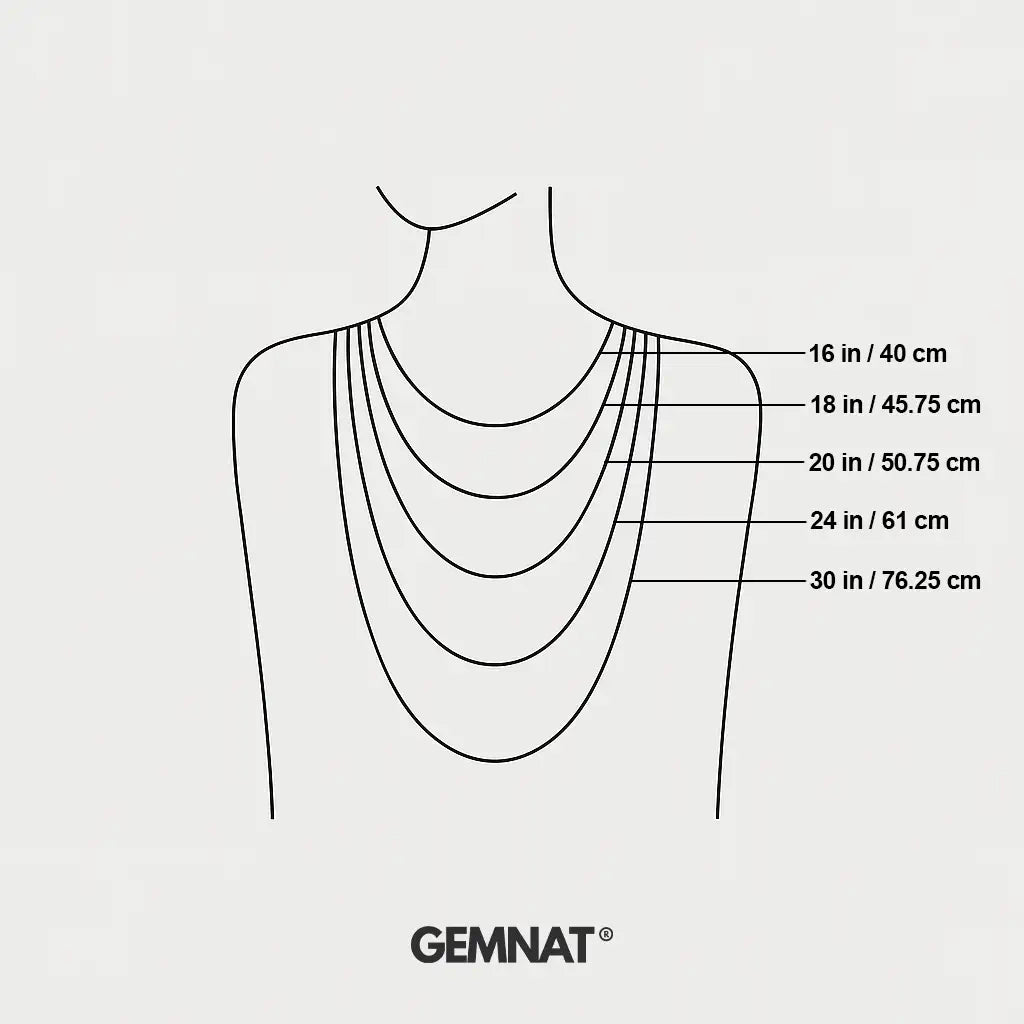 Diagram of necklaces on a mannequin with measurement labels, branded 'GEMNAT'.