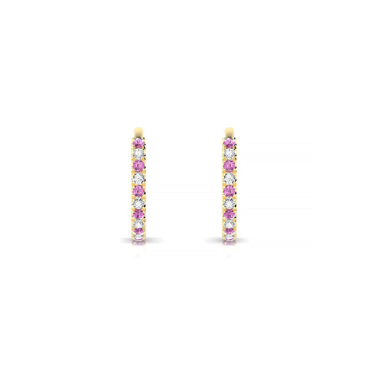 Bliss | 18k Yellow Gold 1.1 mm Round Pink Sapphire & Diamond Hoop Earrings
