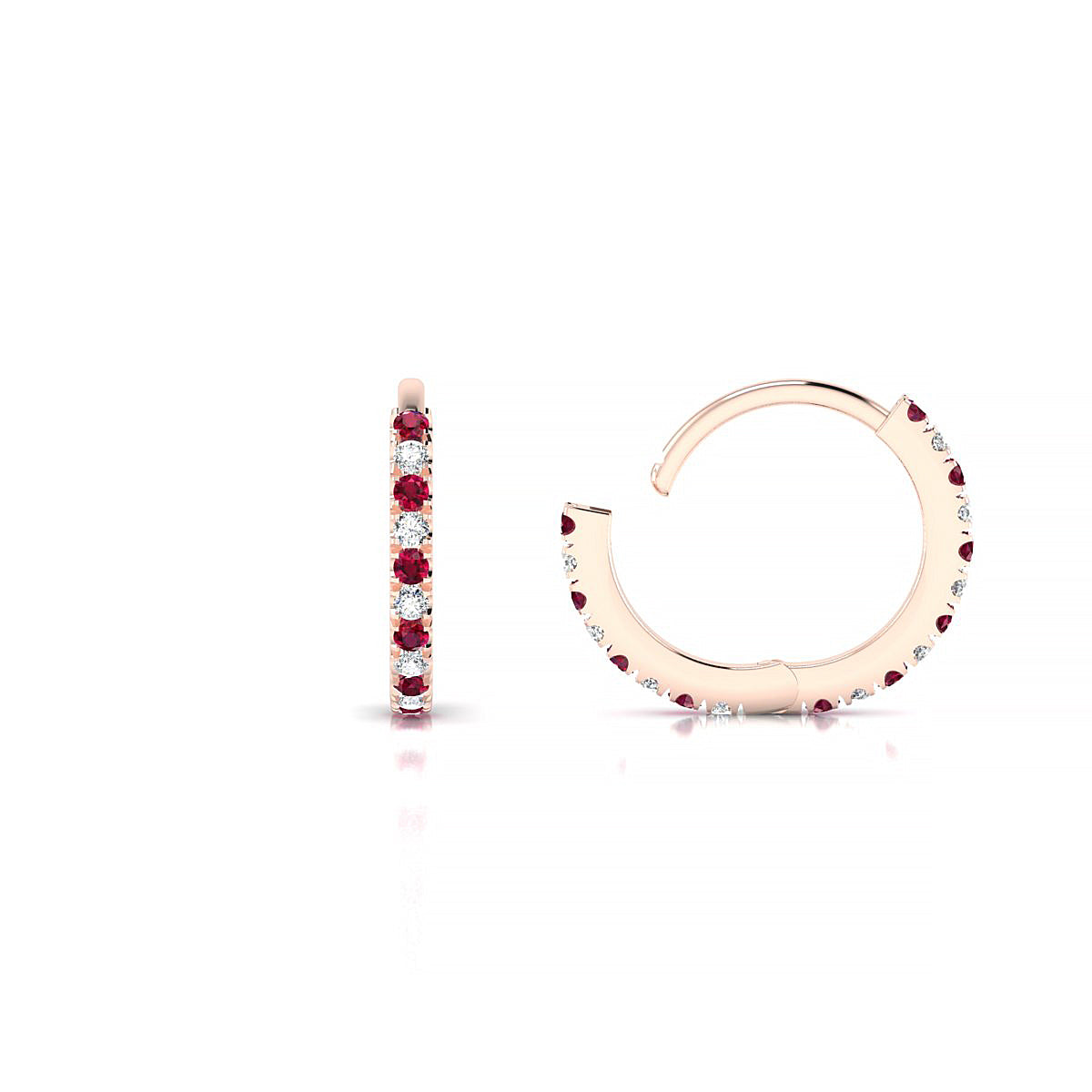 Bliss | 18k Rose Gold 1.1 mm Round Ruby & Diamond Hoop Earrings