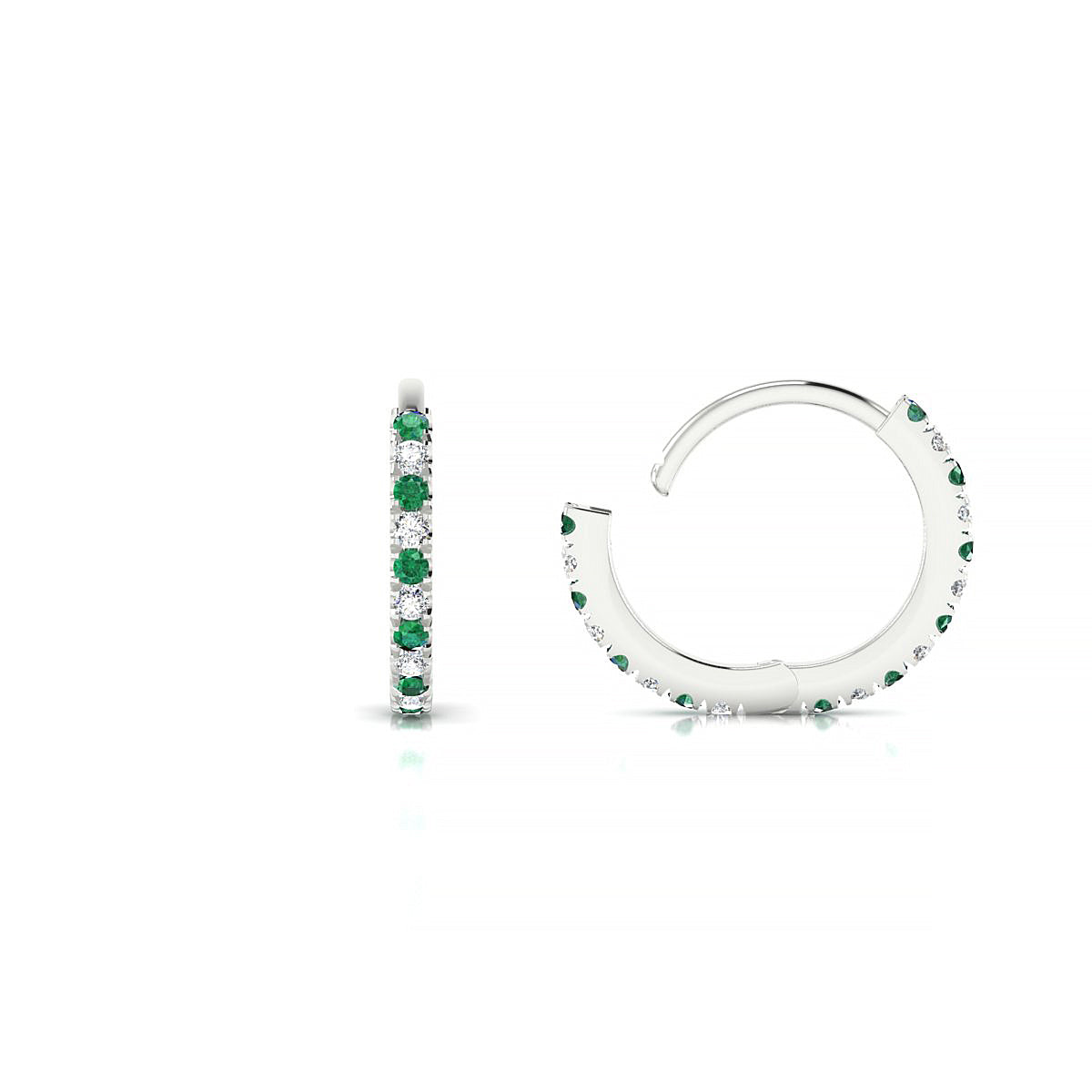 Bliss | 18k White Gold 1.1 mm Round Emerald & Diamond Hoop Earrings
