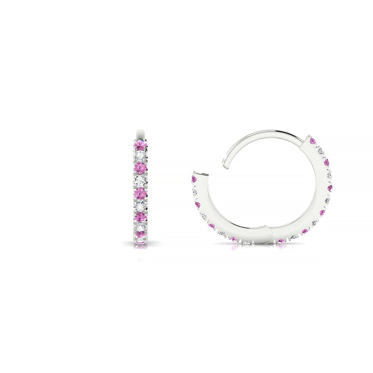 Bliss | 18k White Gold 1.1 mm Round Pink Sapphire & Diamond Hoop Earrings