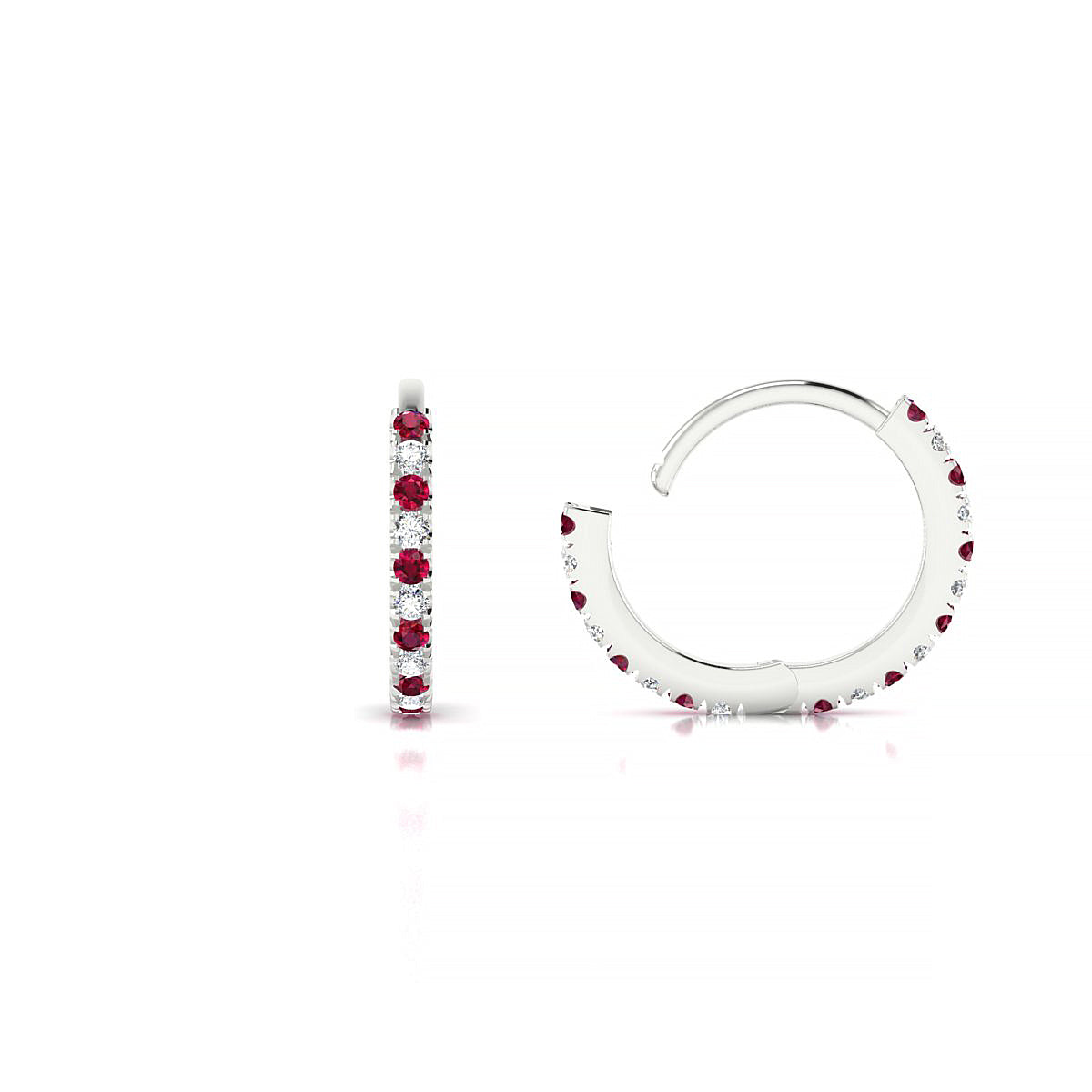 Bliss | 18k White Gold 1.1 mm Round Ruby & Diamond Hoop Earrings