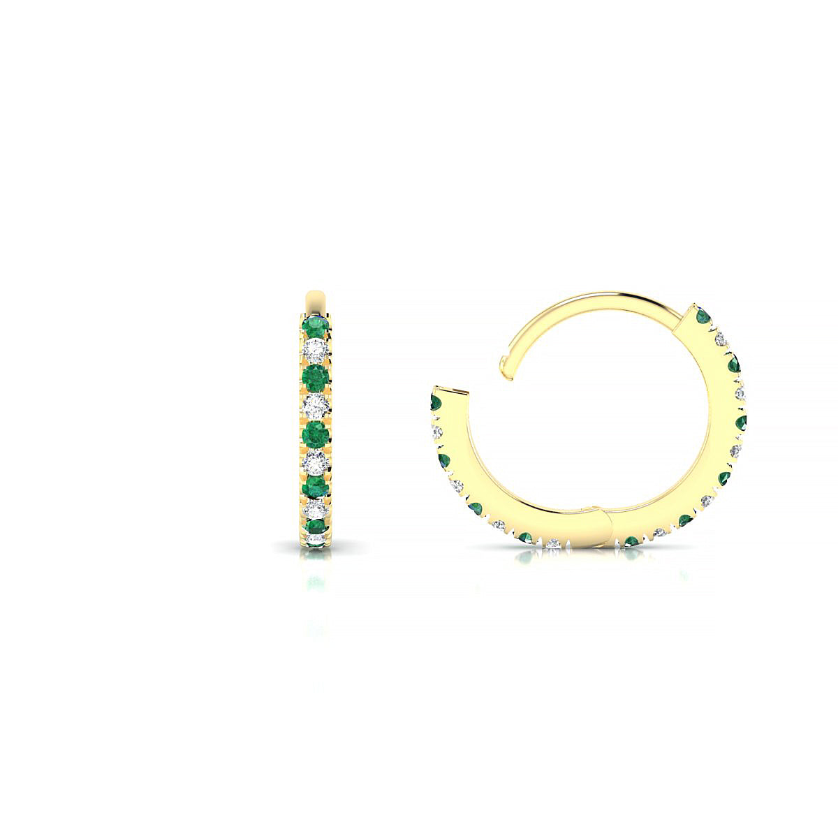 Bliss | 18k Yellow Gold 1.1 mm Round Emerald & Diamond Hoop Earrings