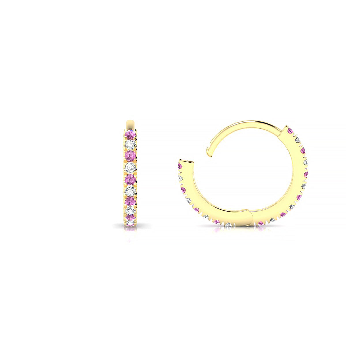 Bliss | 18k Yellow Gold 1.1 mm Round Pink Sapphire & Diamond Hoop Earrings