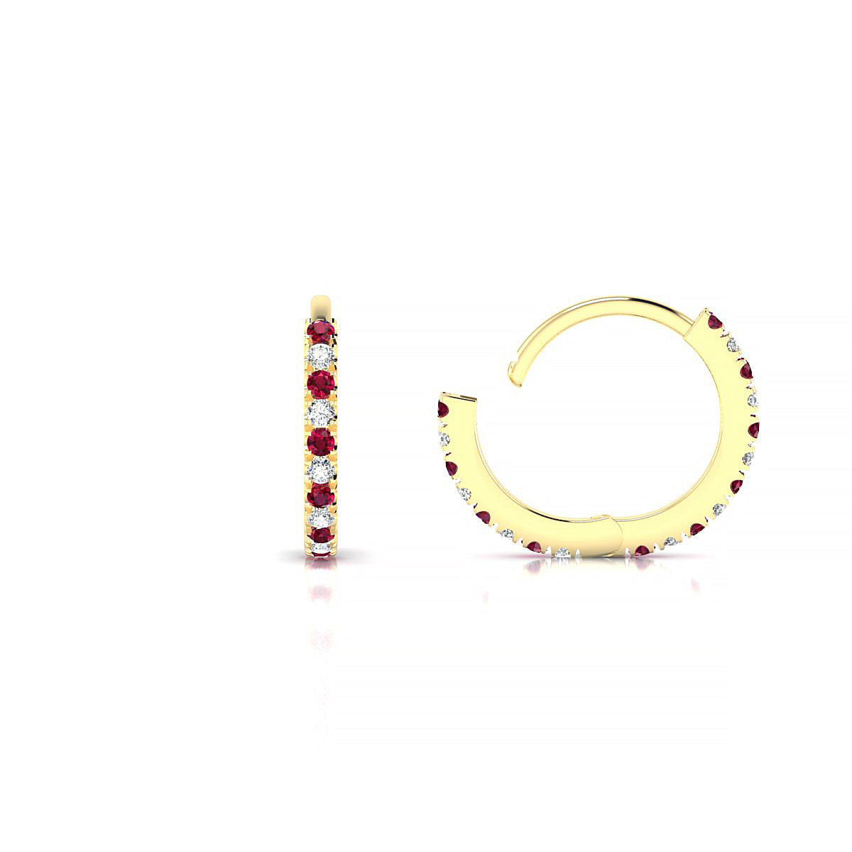 Bliss | 18k Yellow Gold 1.1 mm Round Ruby & Diamond Hoop Earrings