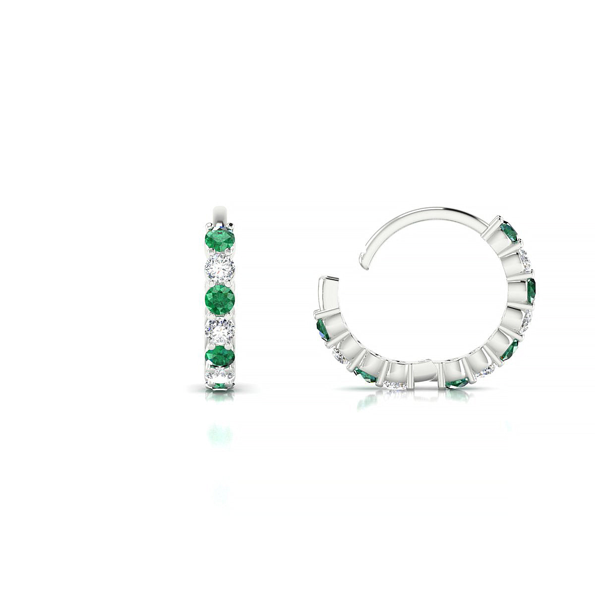 Eden | 18k White Gold 1.7 mm Round Emerald & Diamond Hoop Earrings