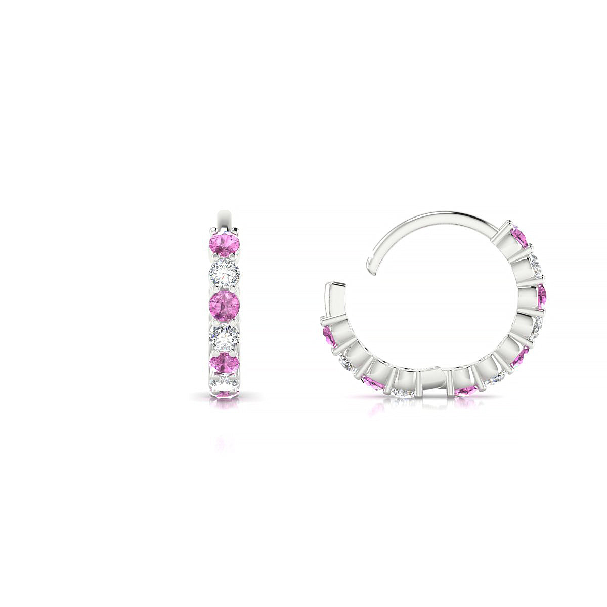 Eden | 18k White Gold 1.7 mm Round Pink Sapphire & Diamond Hoop Earrings
