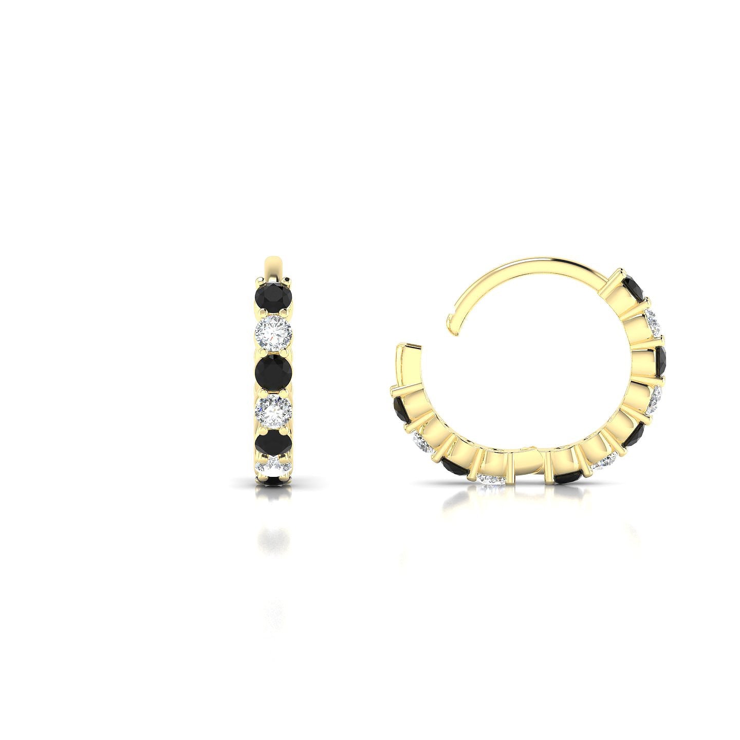 Eden | 18k Yellow Gold 1.7 mm Round Black Diamond & Diamond Hoop Earrings