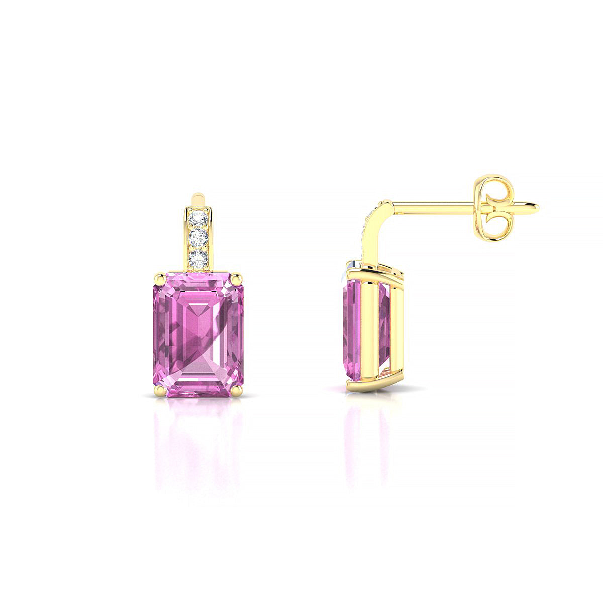 Exquisite | 18k Yellow Gold 7 x 5 mm Emerald Pink Sapphire Earrings