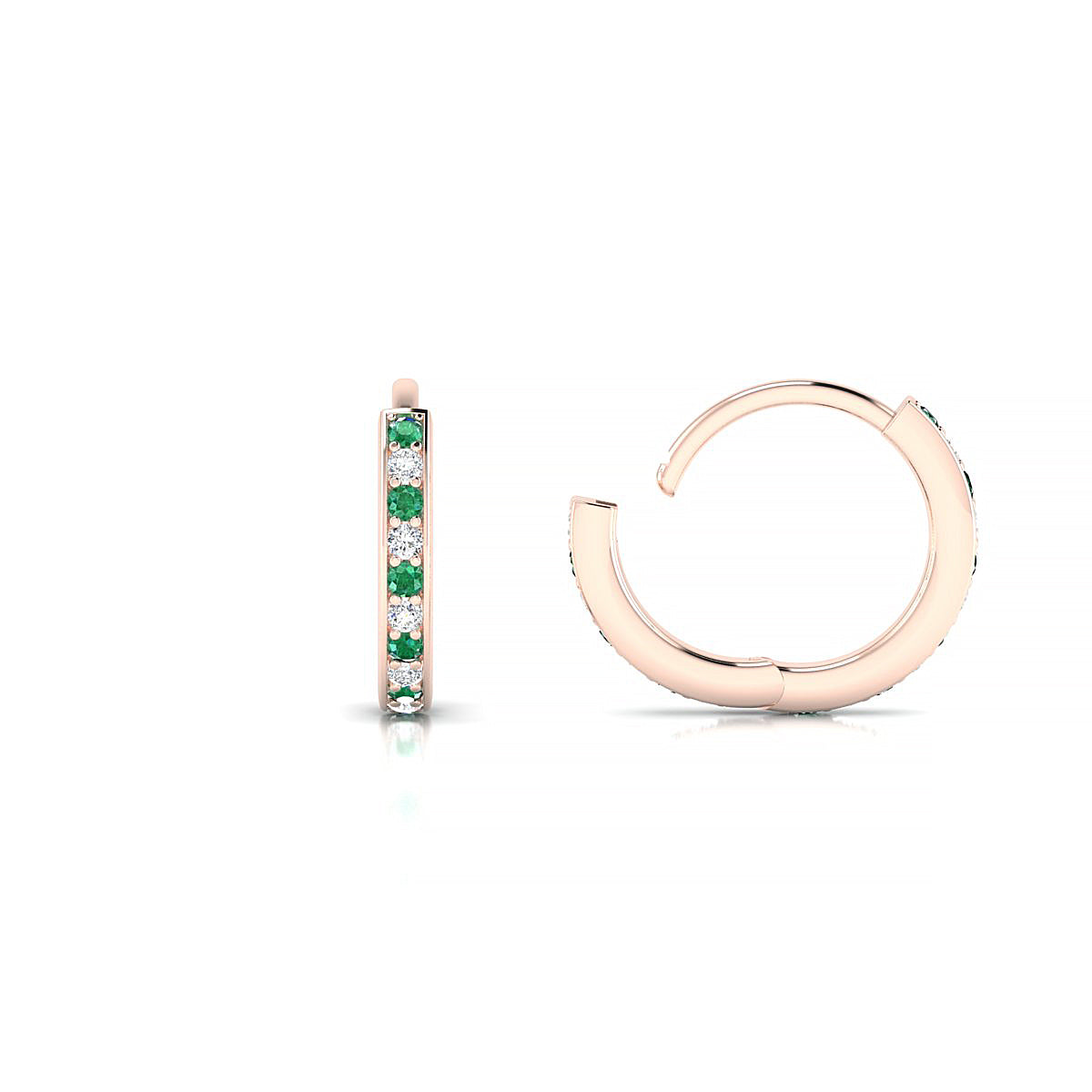 Harmony | 18k Rose Gold 1.1 mm Round Emerald & Diamond Hoop Earrings