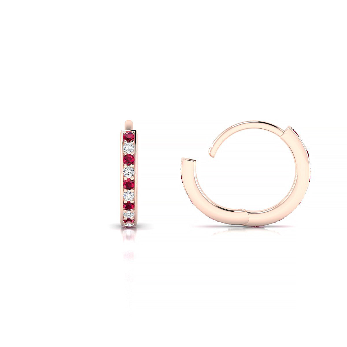 Harmony | 18k Rose Gold 1.1 mm Round Ruby & Diamond Hoop Earrings
