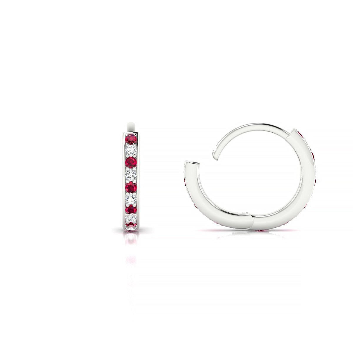 Harmony | 18k White Gold 1.1 mm Round Ruby & Diamond Hoop Earrings