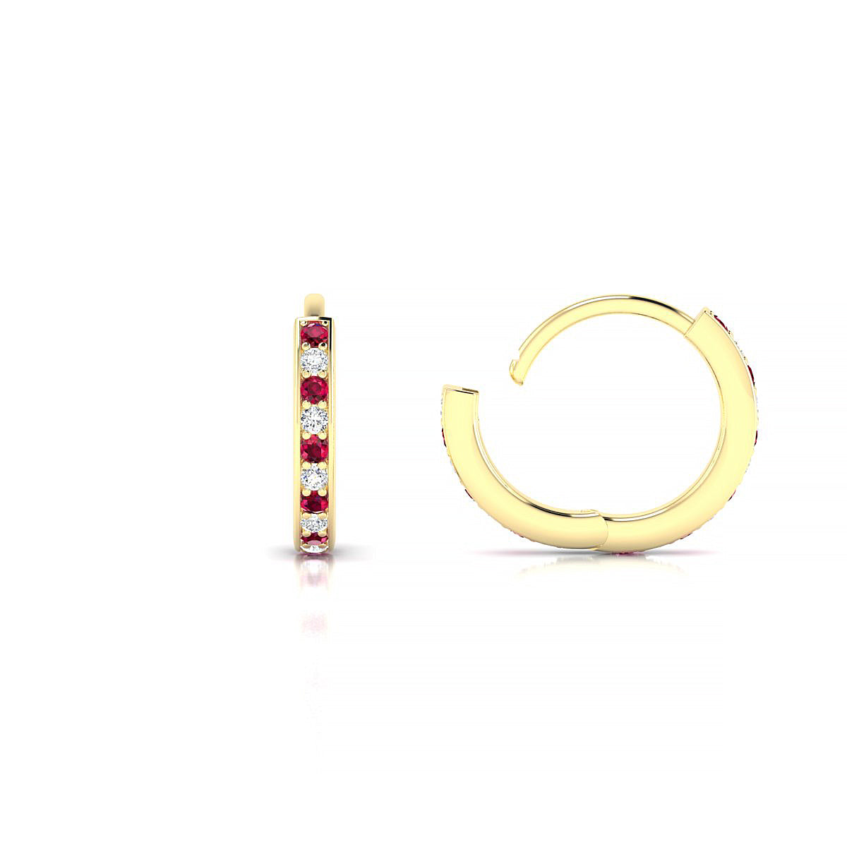 Harmony | 18k Yellow Gold 1.1 mm Round Ruby & Diamond Hoop Earrings