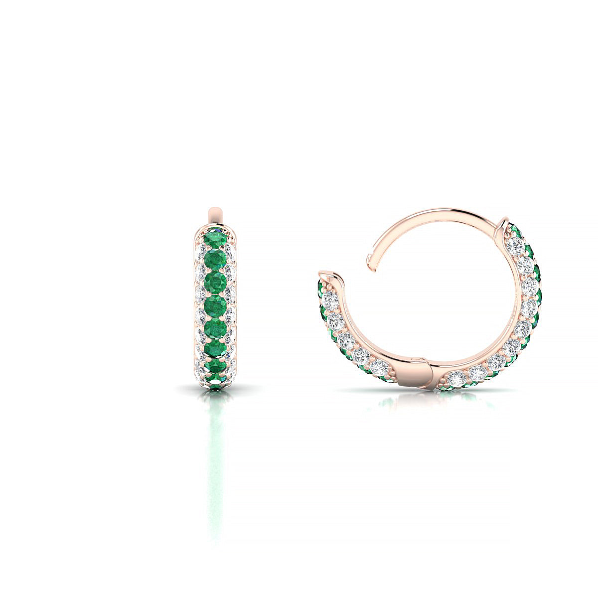 Mira | 18k Rose Gold 1.3 mm Round Emerald & Diamond Hoop Earrings