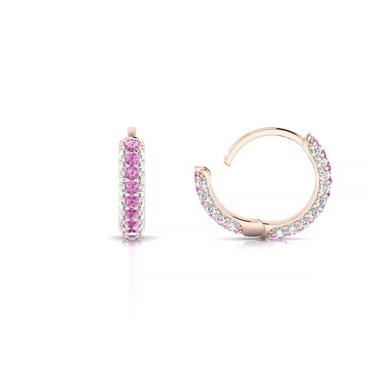 Mira | 18k Rose Gold 1.3 mm Round Pink Sapphire & Diamond Hoop Earrings