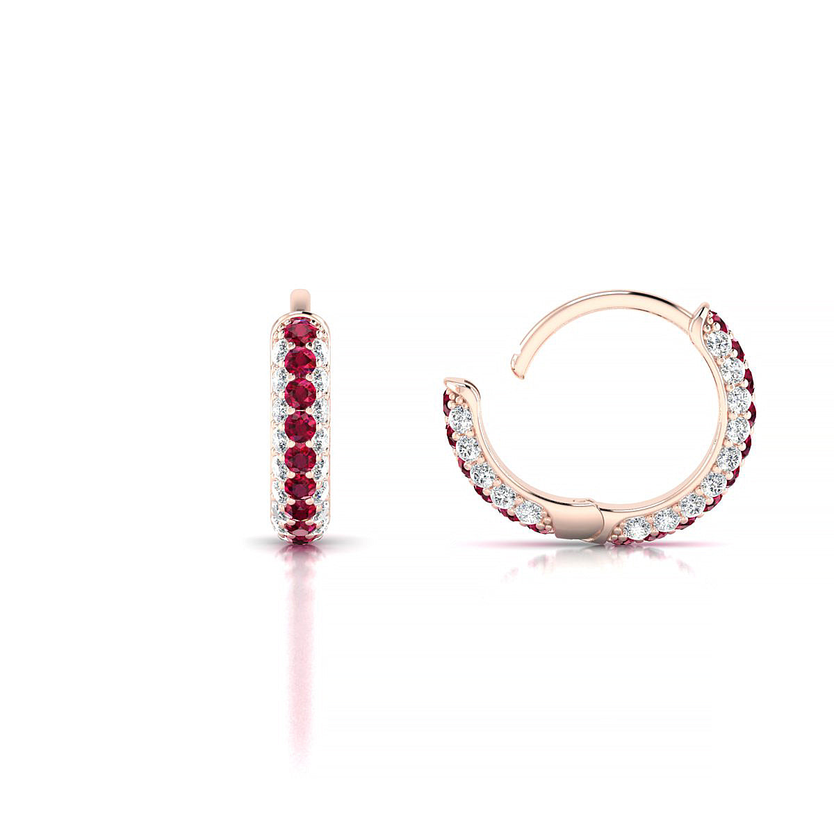 Mira | 18k Rose Gold 1.3 mm Round Ruby & Diamond Hoop Earrings