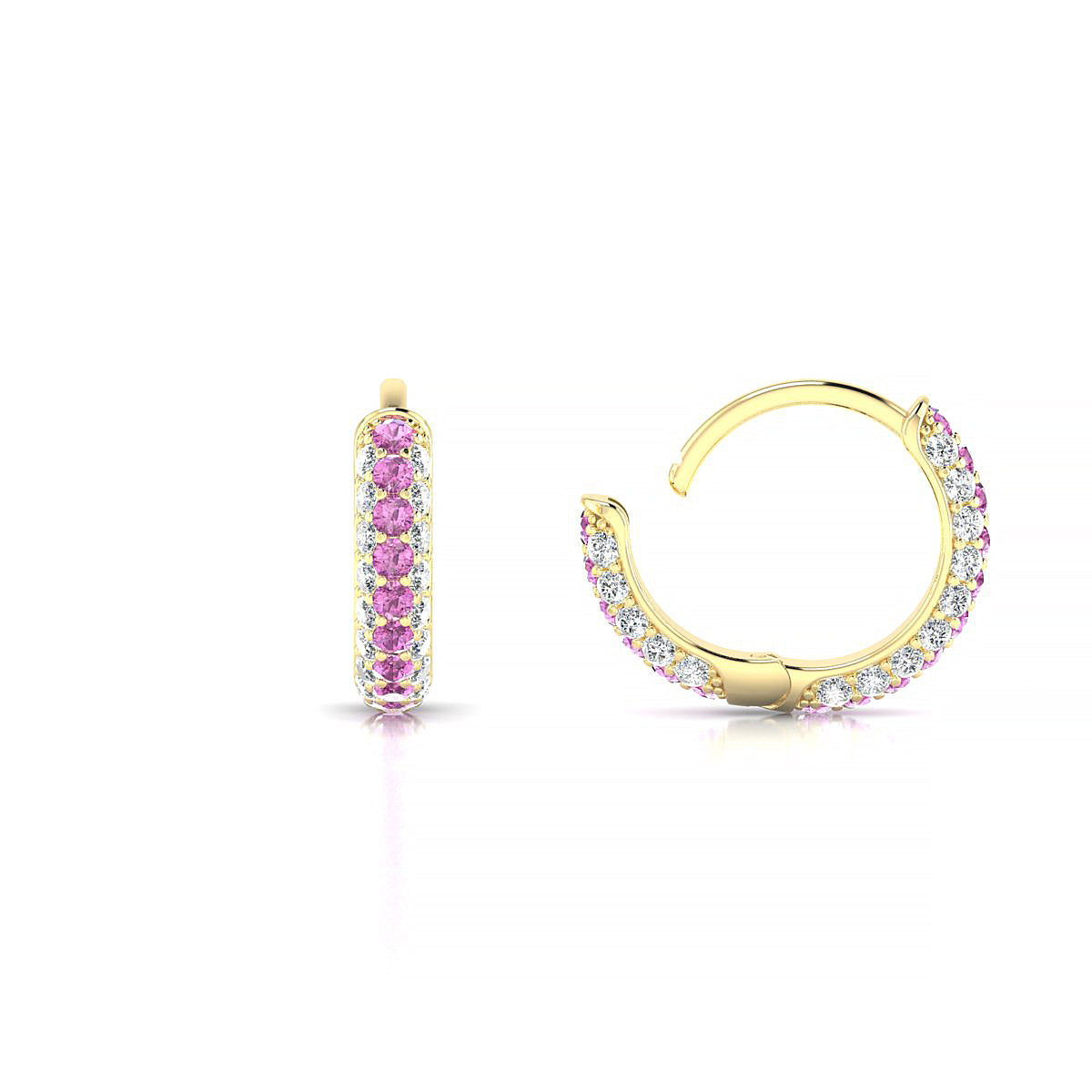 Mira | 18k Yellow Gold 1.3 mm Round Pink Sapphire & Diamond Hoop Earrings