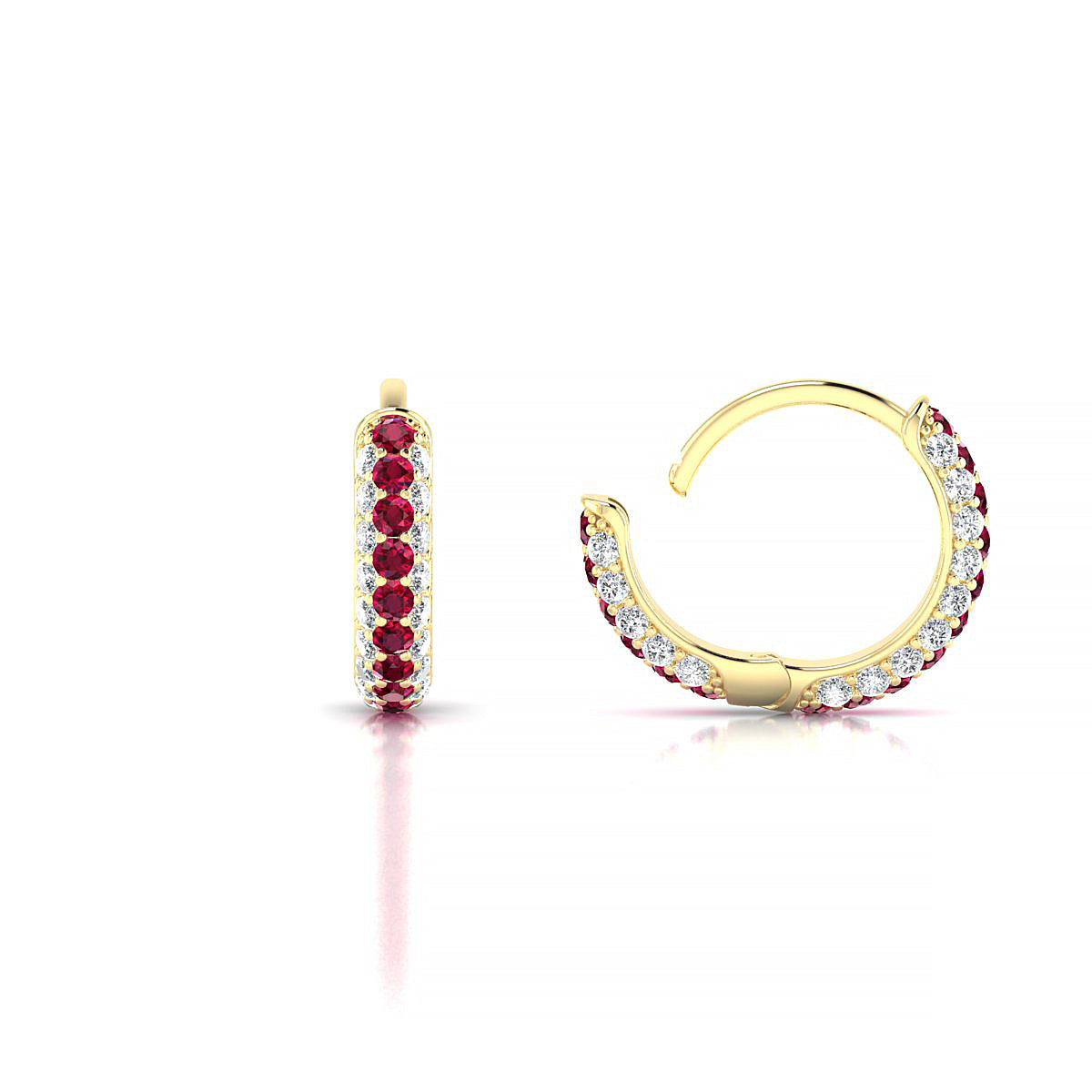 Mira | 18k Yellow Gold 1.3 mm Round Ruby & Diamond Hoop Earrings