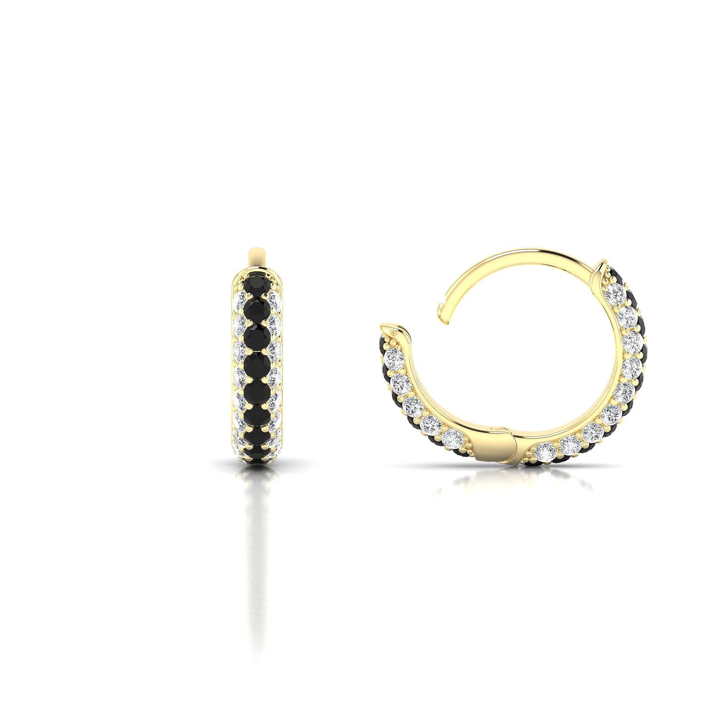Mira | 18k Yellow Gold 1.3 mm Round Black Diamond & Diamond Hoop Earrings