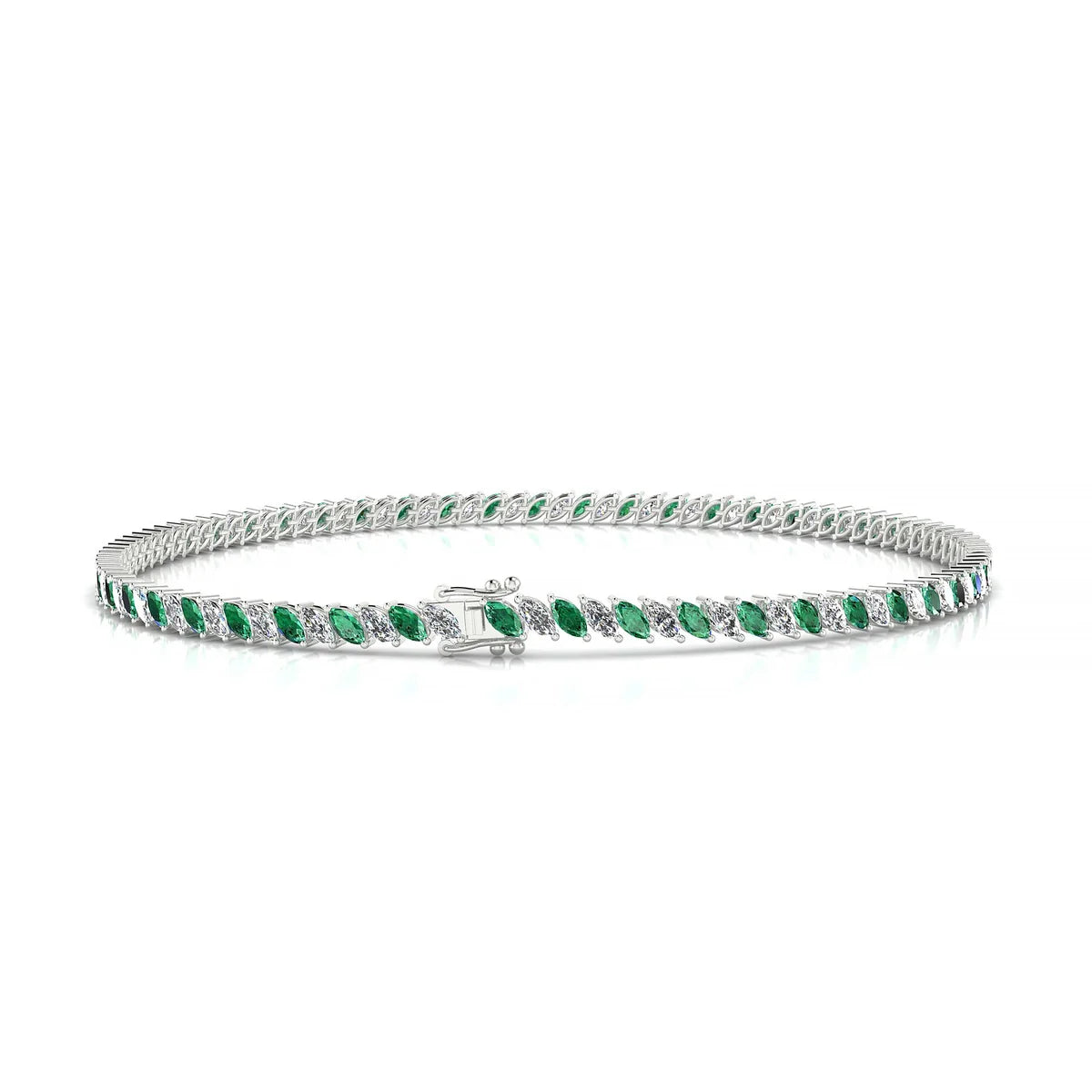 Nile 1-1 | 18k White Gold 3 x 1.5 mm Marquise Natural Emerald Tennis Bracelet