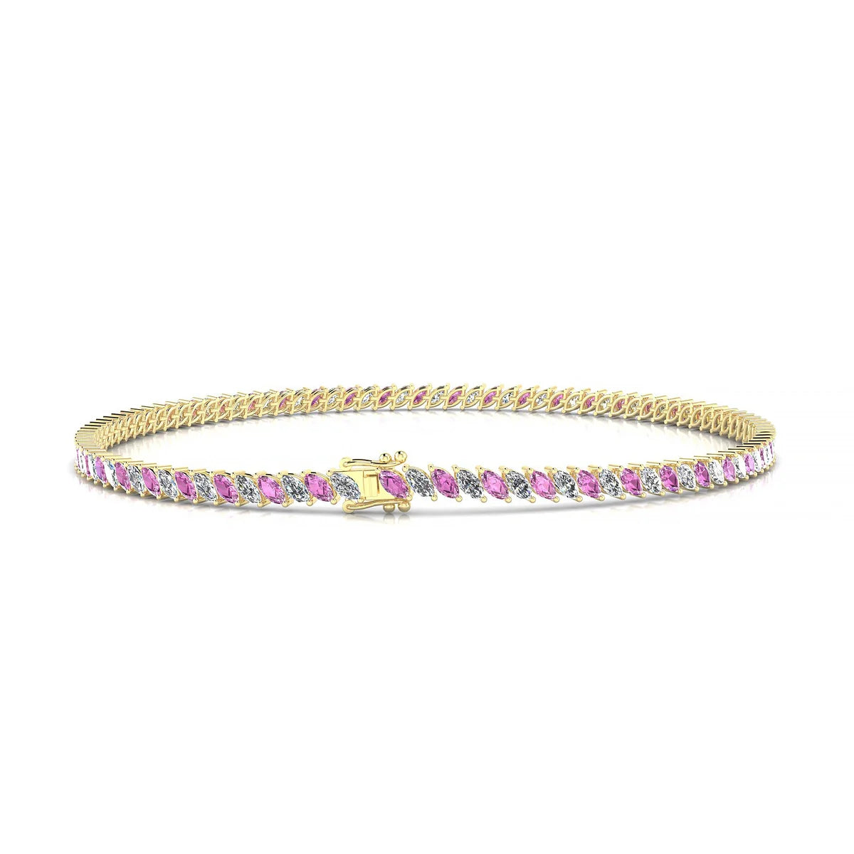 Nile 1-1 | 18k Yellow Gold 3 x 1.5 mm Marquise Natural Pink Sapphire Tennis Bracelet