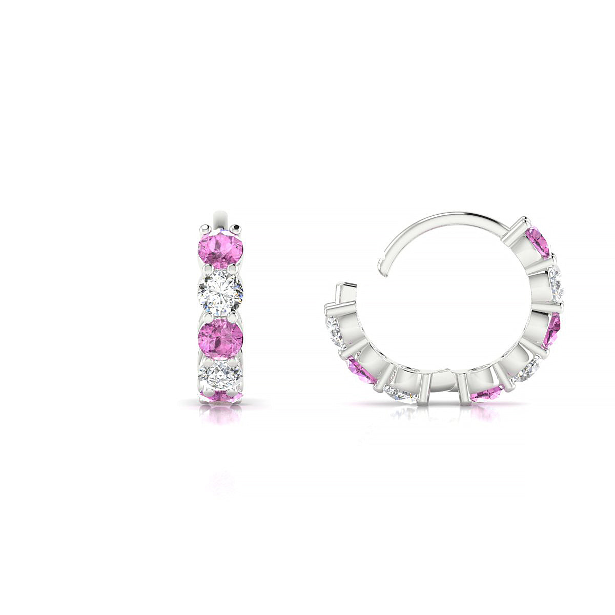 Nova | 18k White Gold 2.5 mm Round Pink Sapphire & Diamond Hoop Earrings