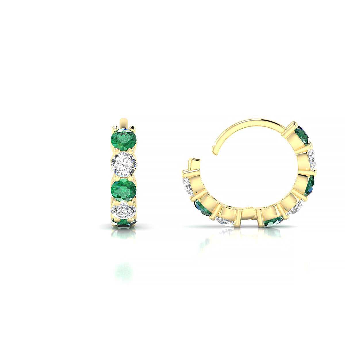 Nova | 18k Yellow Gold 2.5 mm Round Emerald & Diamond Hoop Earrings