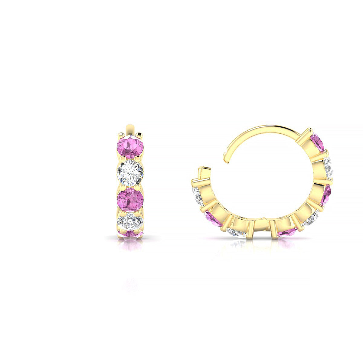 Nova | 18k Yellow Gold 2.5 mm Round Pink Sapphire & Diamond Hoop Earrings