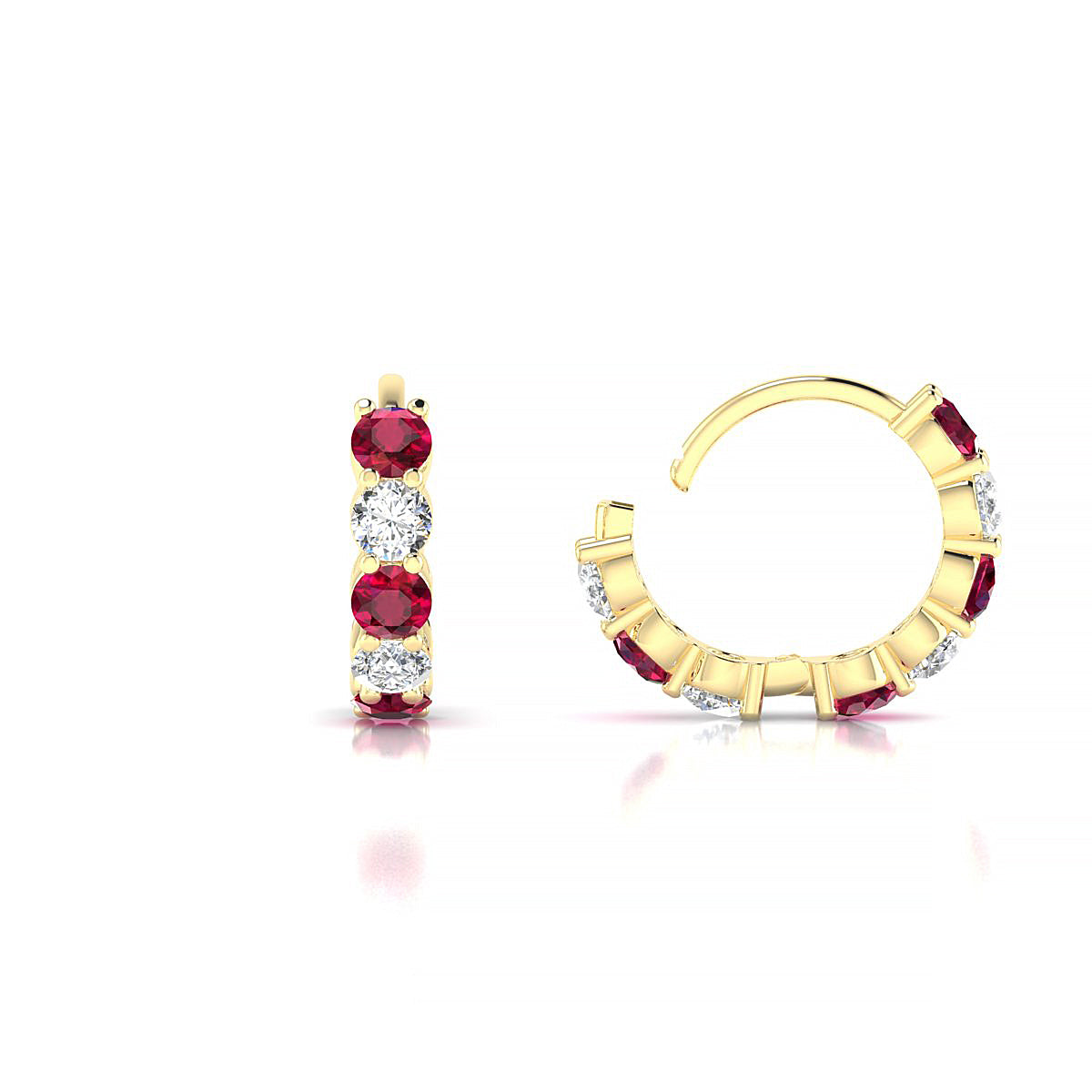 Nova | 18k Yellow Gold 2.5 mm Round Ruby & Diamond Hoop Earrings