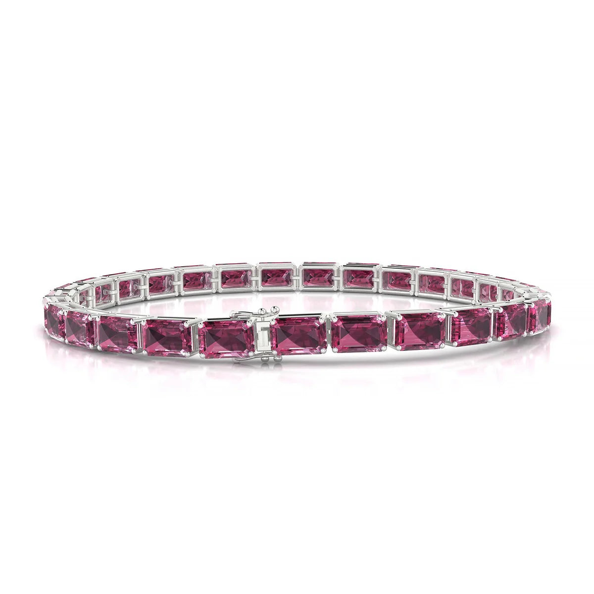 Ozu | 18k White Gold 6 x 4 mm Emerald Natural Rhodolite Tennis Bracelet