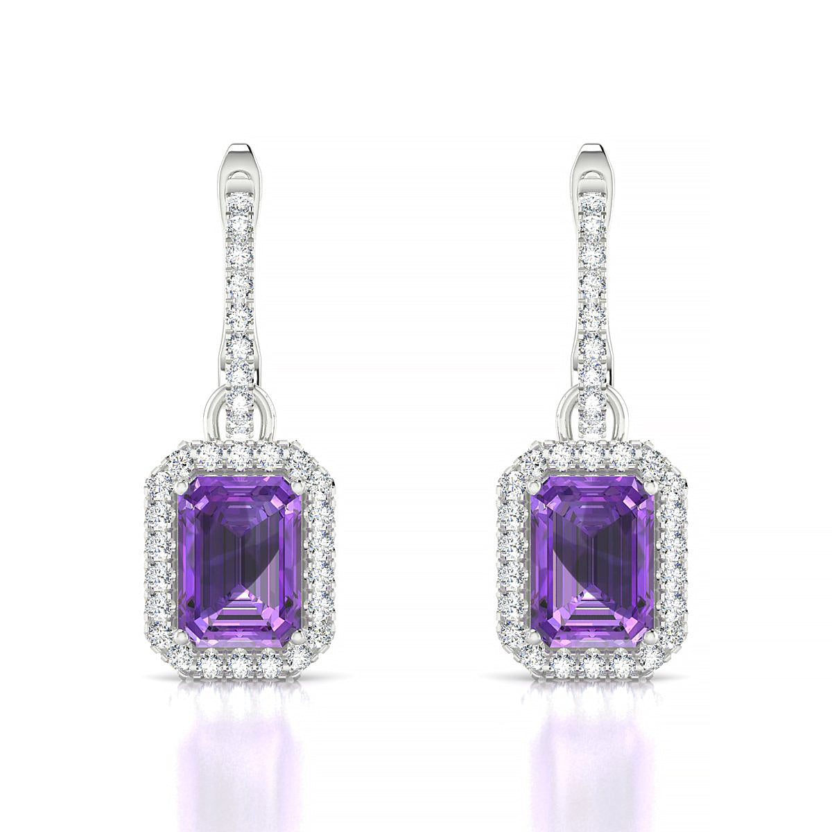 Sunrise | 18k White Gold 7 x 5 mm Emerald Amethyst Earrings