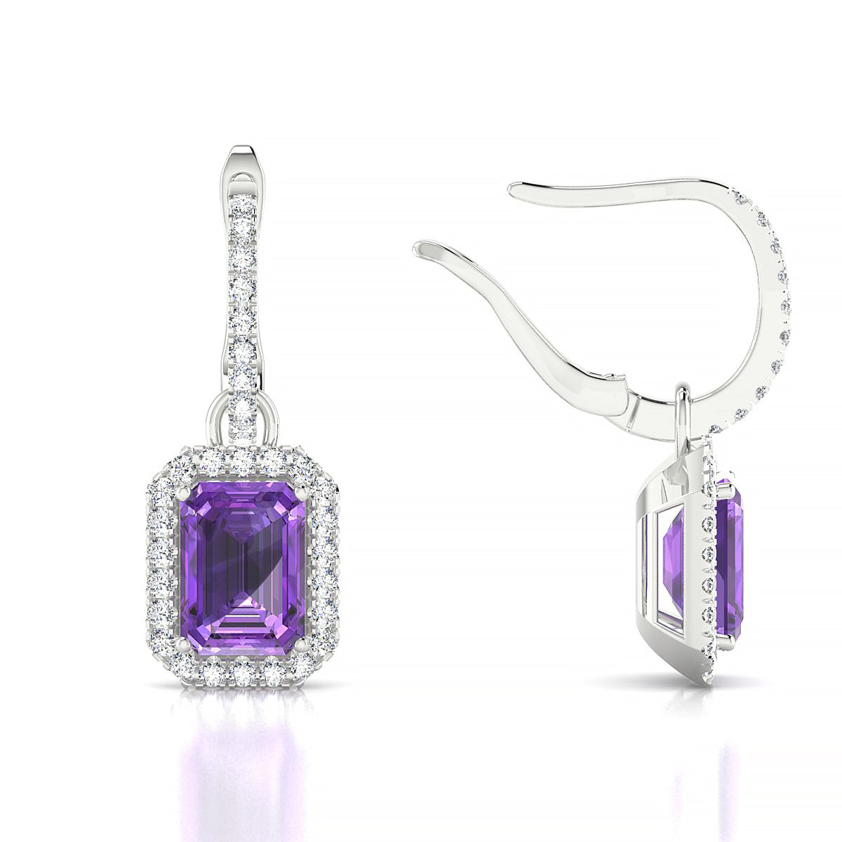 Sunrise | 18k White Gold 7 x 5 mm Emerald Amethyst Earrings