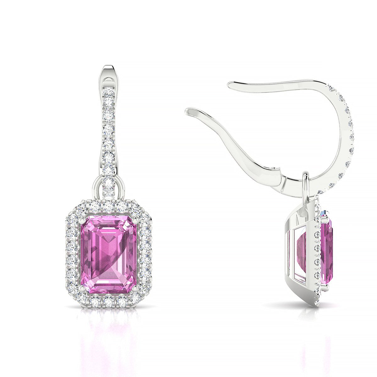 Sunrise | 18k White Gold 7 x 5 mm Emerald Pink Sapphire Earrings