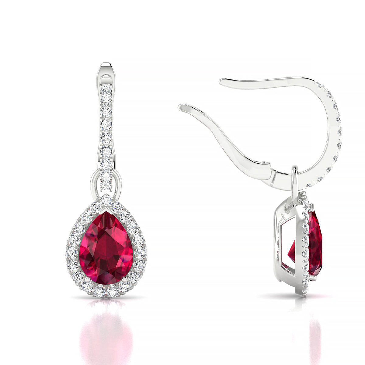 Sunrise | 18k White Gold 7 x 5 mm Pear Ruby Earrings