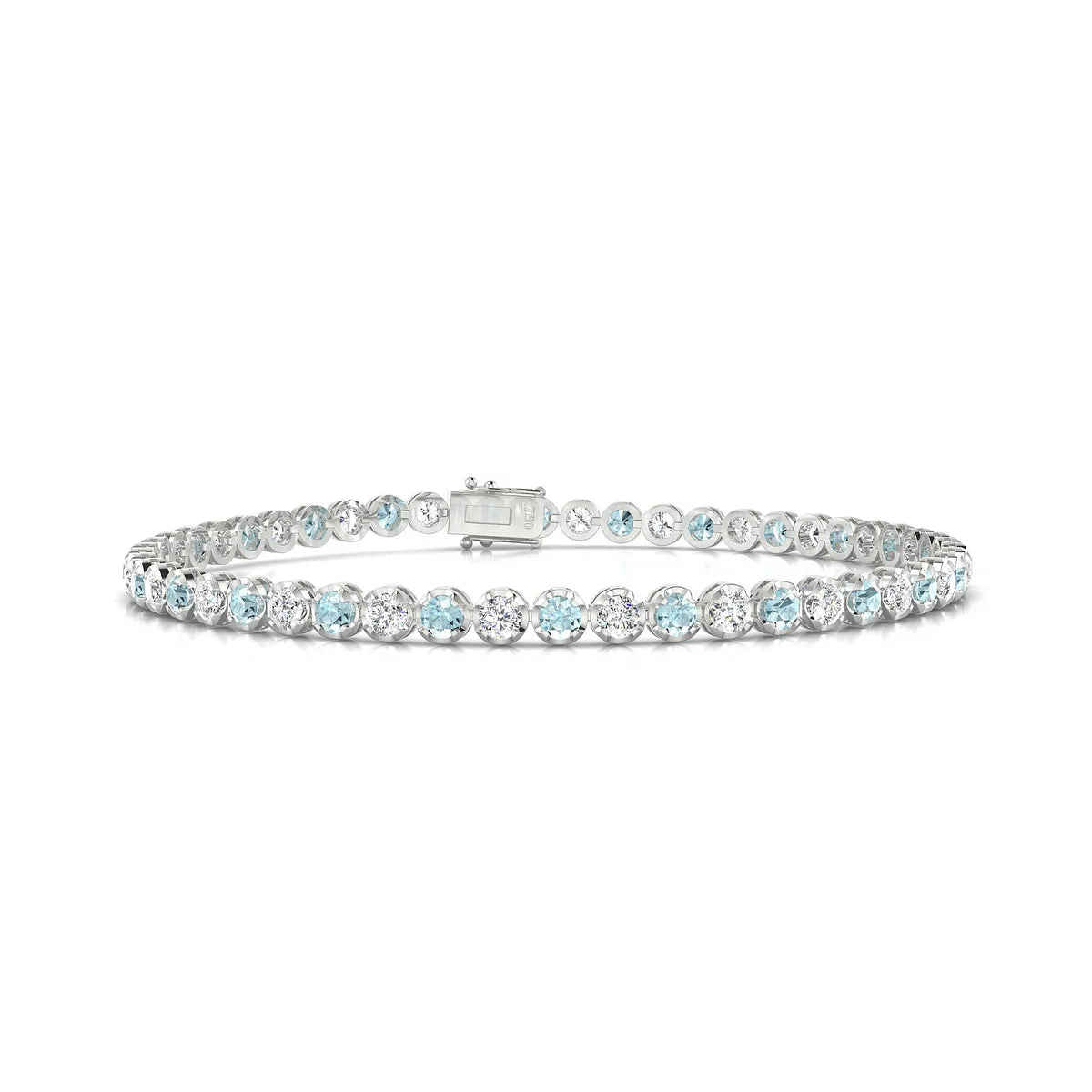 Tiger 1-1 | 18k White Gold 2.5 mm Round Natural Aquamarine Tennis Bracelet