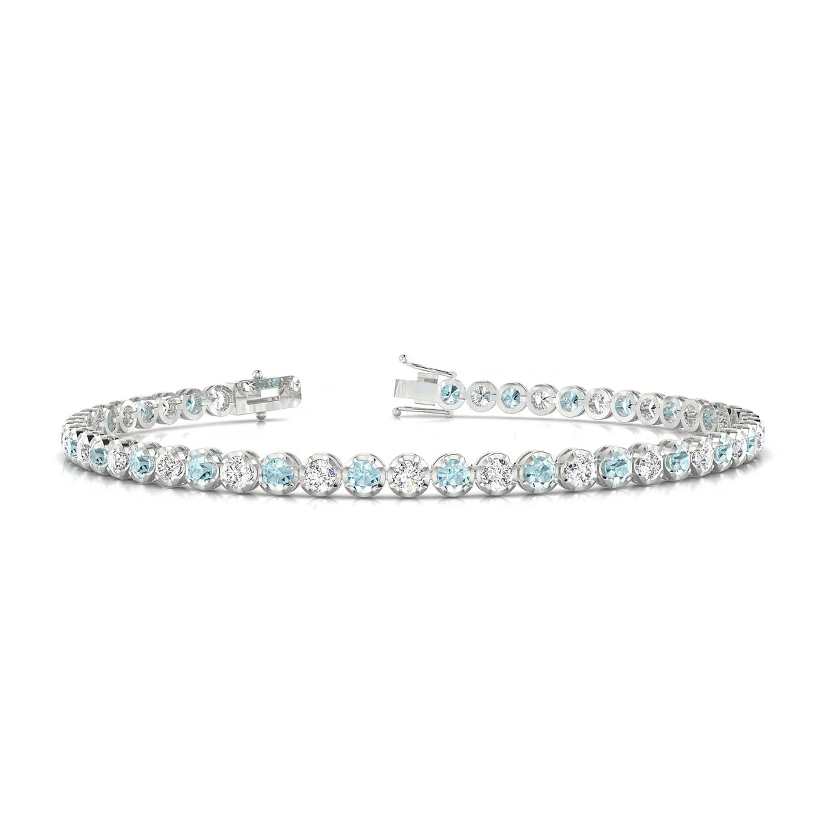 Tiger 1-1 | 18k White Gold 2.5 mm Round Natural Aquamarine Tennis Bracelet
