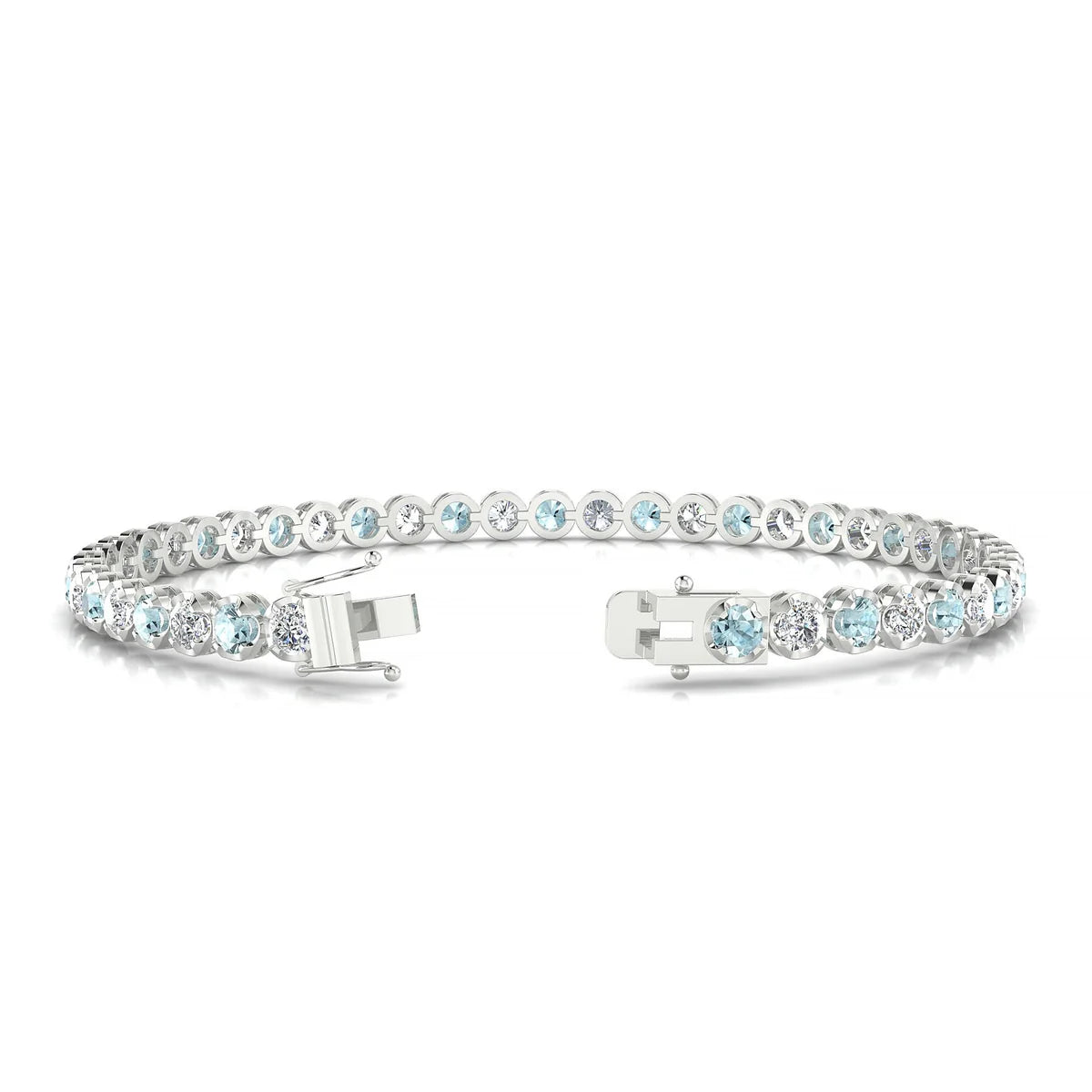 Tiger 1-1 | 18k White Gold 3 mm Round Natural Aquamarine Tennis Bracelet