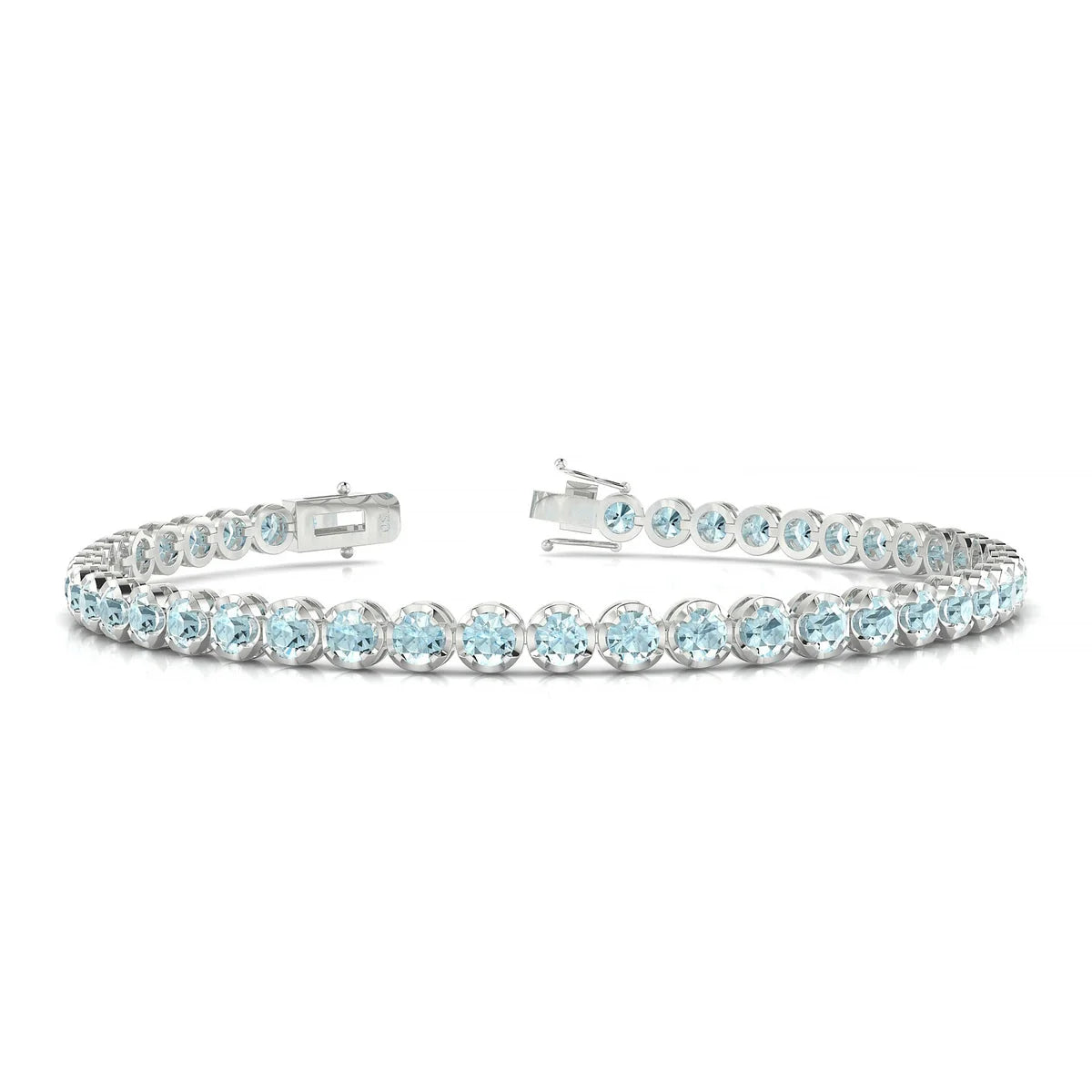 Tiger | 18k White Gold 3 mm Round Natural Aquamarine Tennis Bracelet