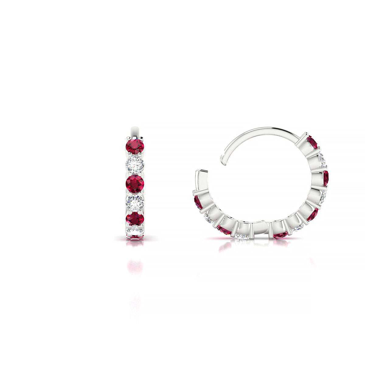 Eden | 18k White Gold 1.7 mm Round Ruby & Diamond Hoop Earrings
