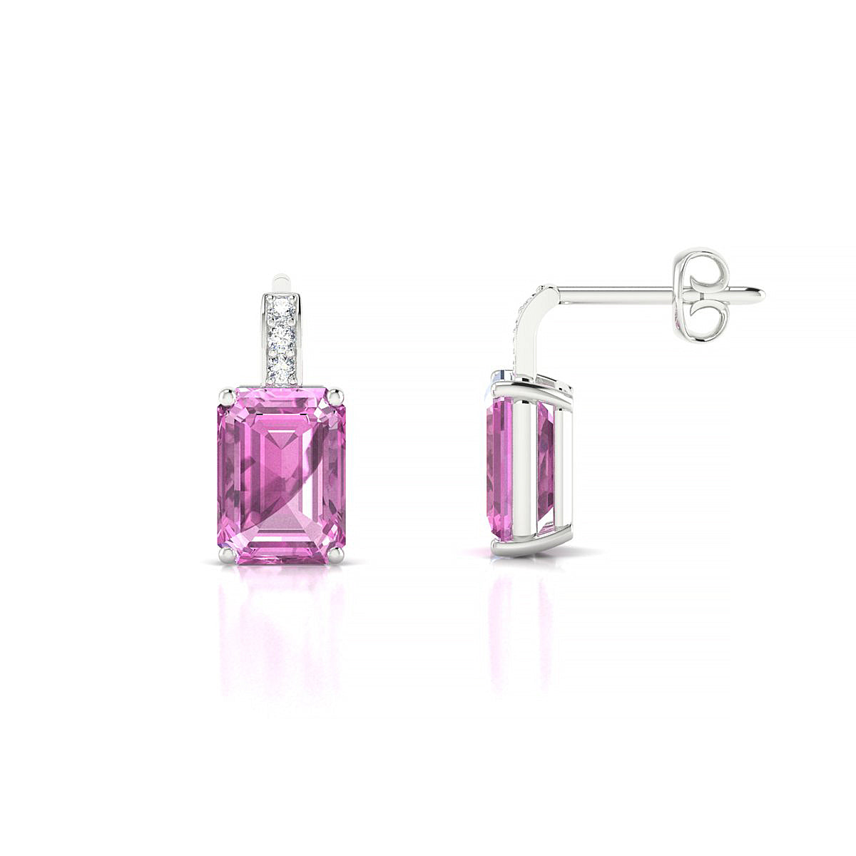 Exquisite | 18k White Gold 7 x 5 mm Emerald Pink Sapphire Earrings