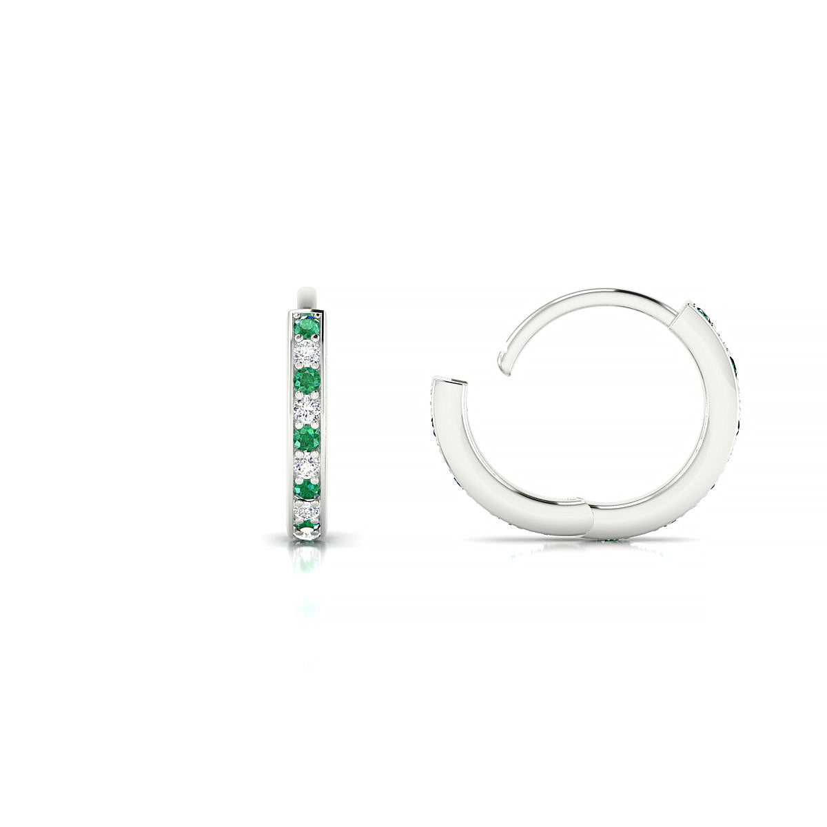 Harmony | 18k White Gold 1.1 mm Round Emerald & Diamond Hoop Earrings