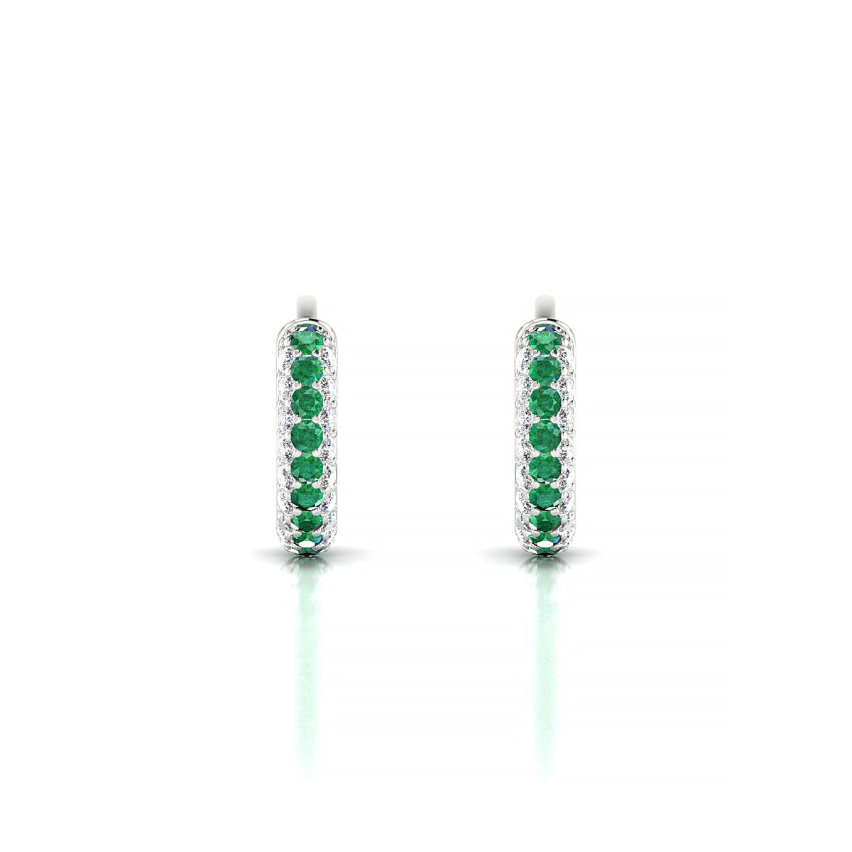 Mira | 18k White Gold 1.3 mm Round Emerald & Diamond Hoop Earrings
