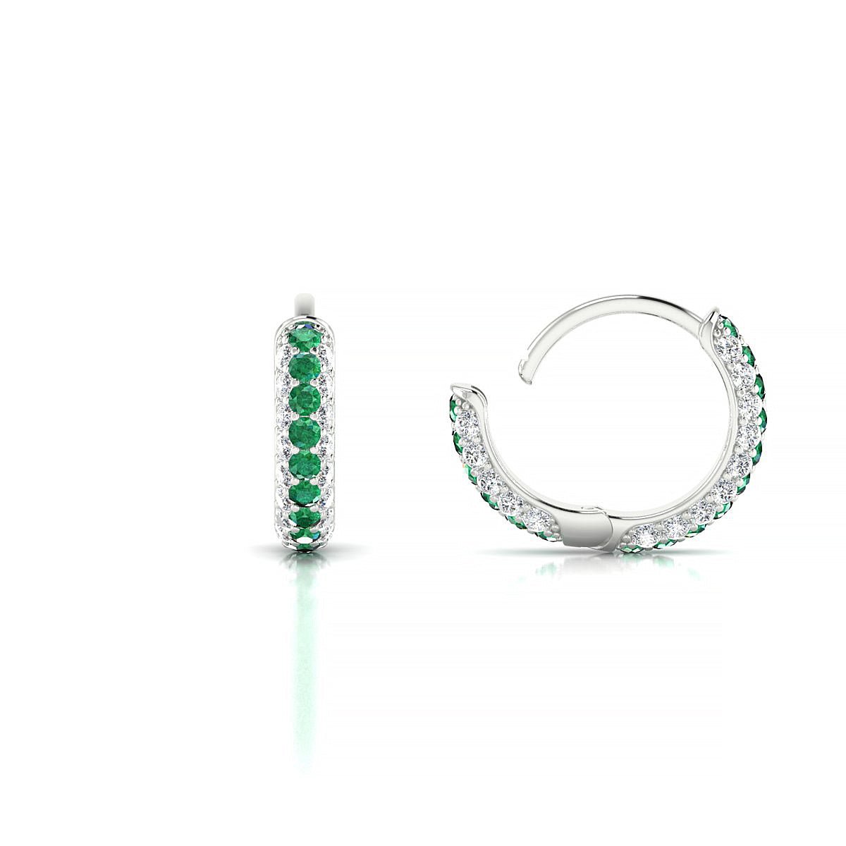 Mira | 18k White Gold 1.3 mm Round Emerald & Diamond Hoop Earrings