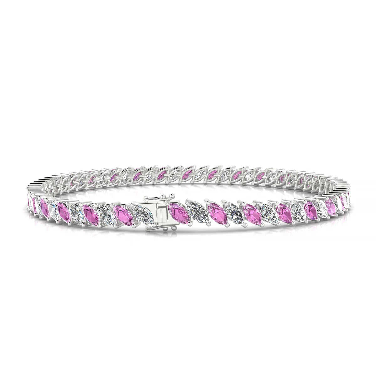 Nile 1-1 | 18k White Gold 5 x 2.5 mm Marquise Natural Pink Sapphire Tennis Bracelet