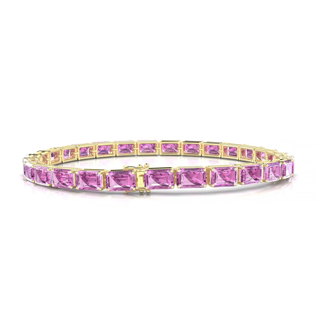 Ozu | 18k Yellow Gold 6 x 4 mm Emerald Natural Pink Sapphire Tennis Bracelet