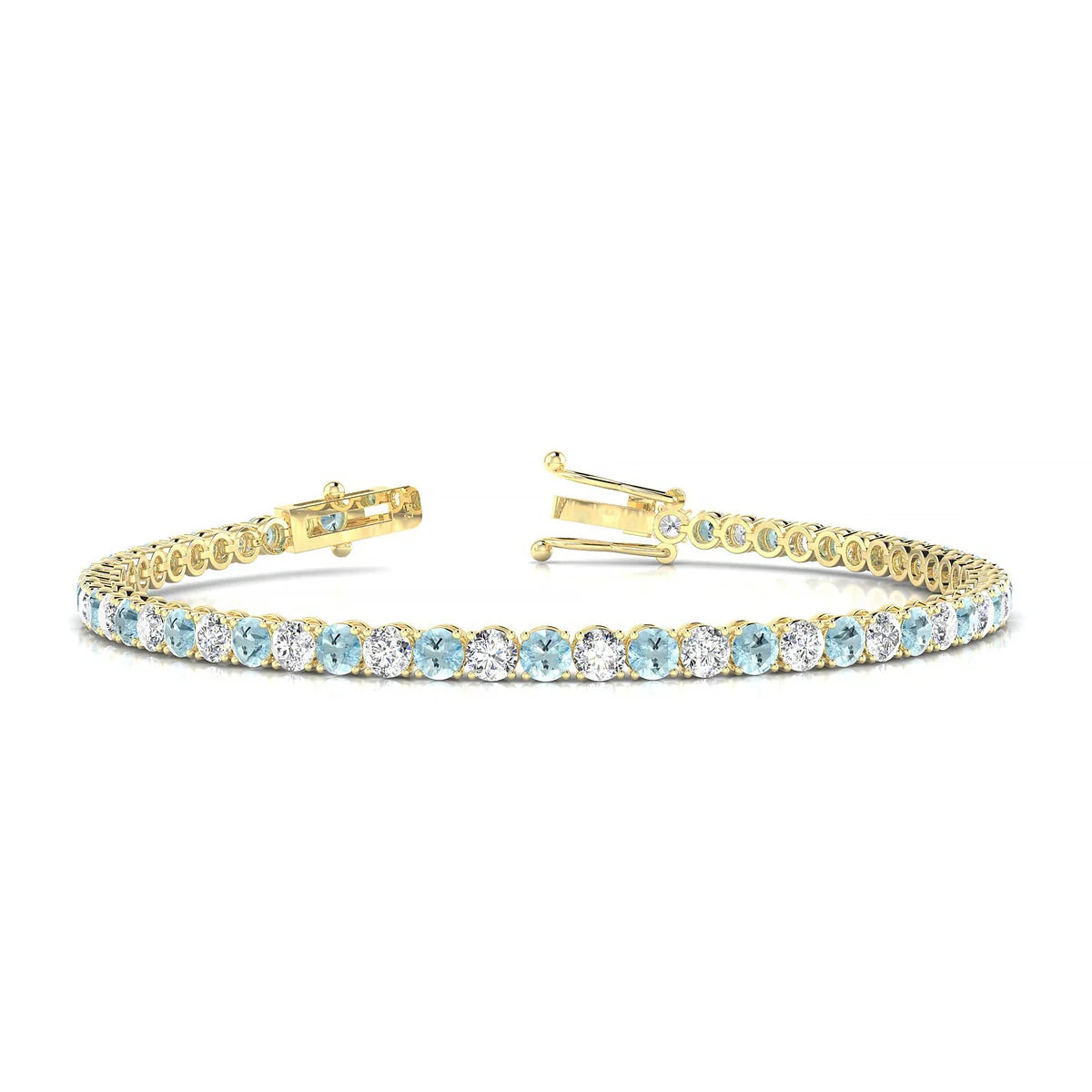 Palazzo 1-1 | 18k Yellow Gold 3 mm Round Natural Aquamarine Tennis Bracelet