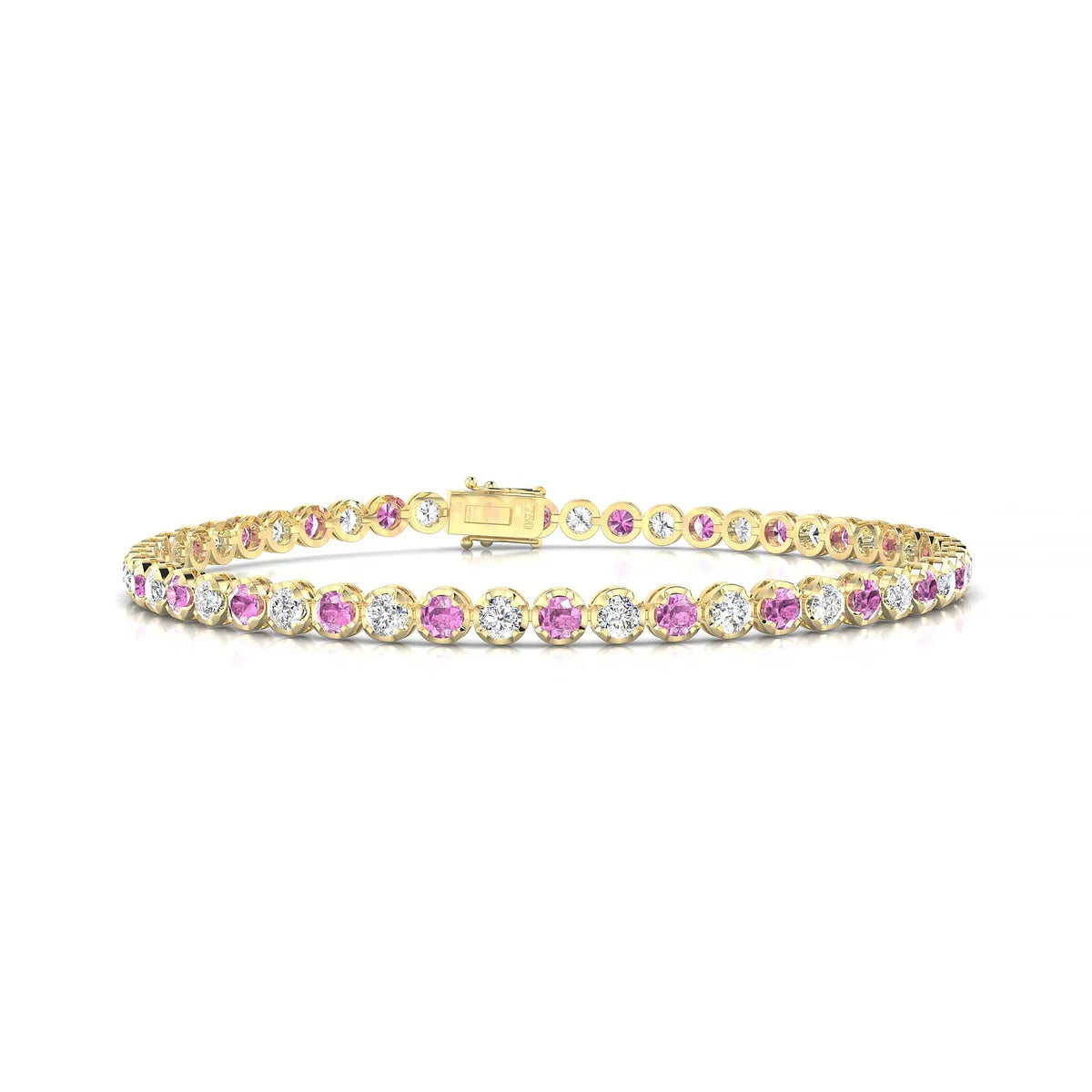 Tiger 1-1 | 18k Yellow Gold 2.5 mm Round Natural Pink Sapphire Tennis Bracelet