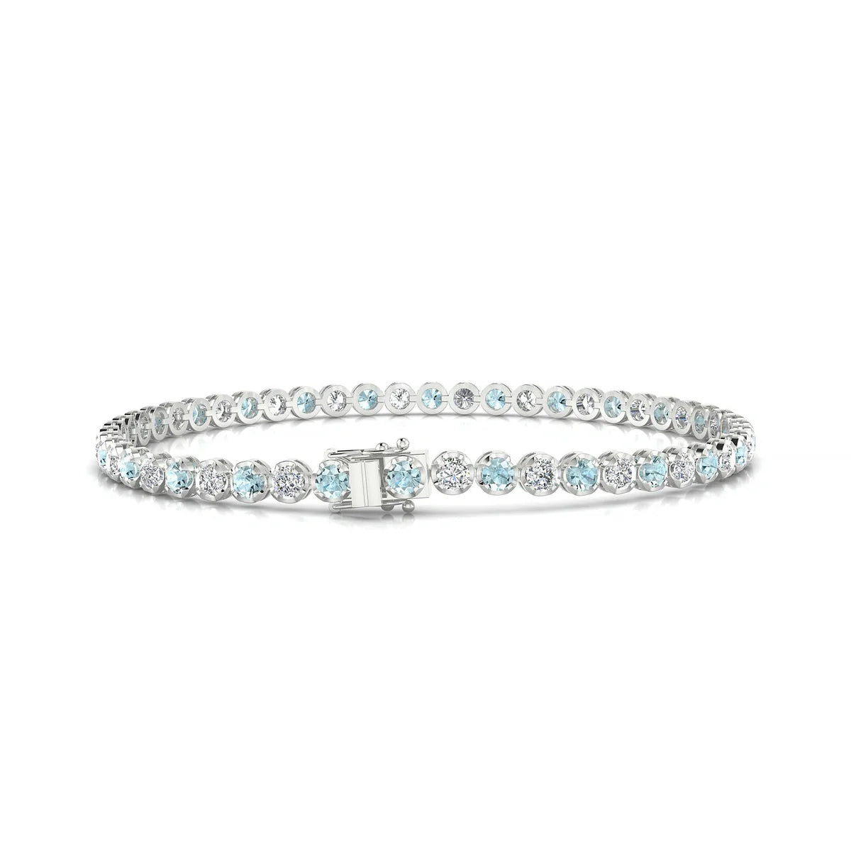 Tiger 1-1 | 18k White Gold 2.5 mm Round Natural Aquamarine Tennis Bracelet