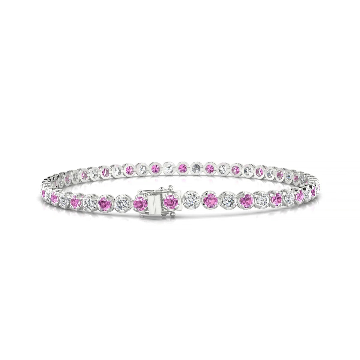 Tiger 1-1 | 18k White Gold 2.5 mm Round Natural Pink Sapphire Tennis Bracelet
